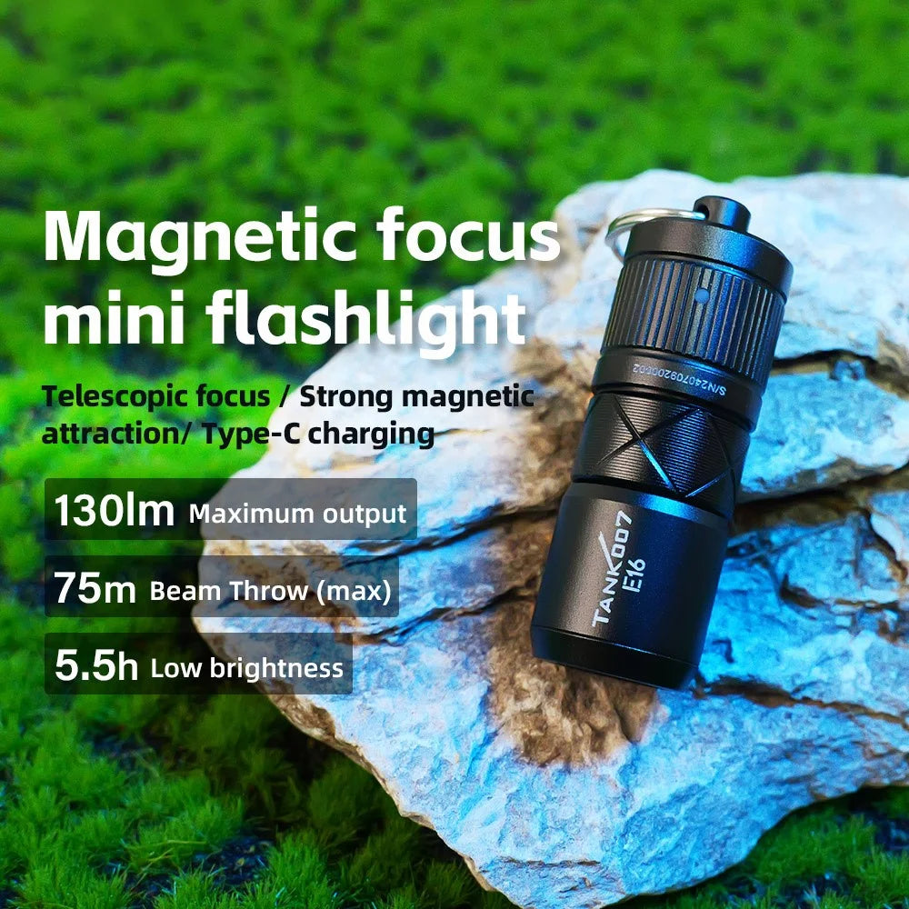 TANK007 E16 Mini Flashlight Zoomable USB Rechargeable Aluminum Alloy Torch with Keychain - 4