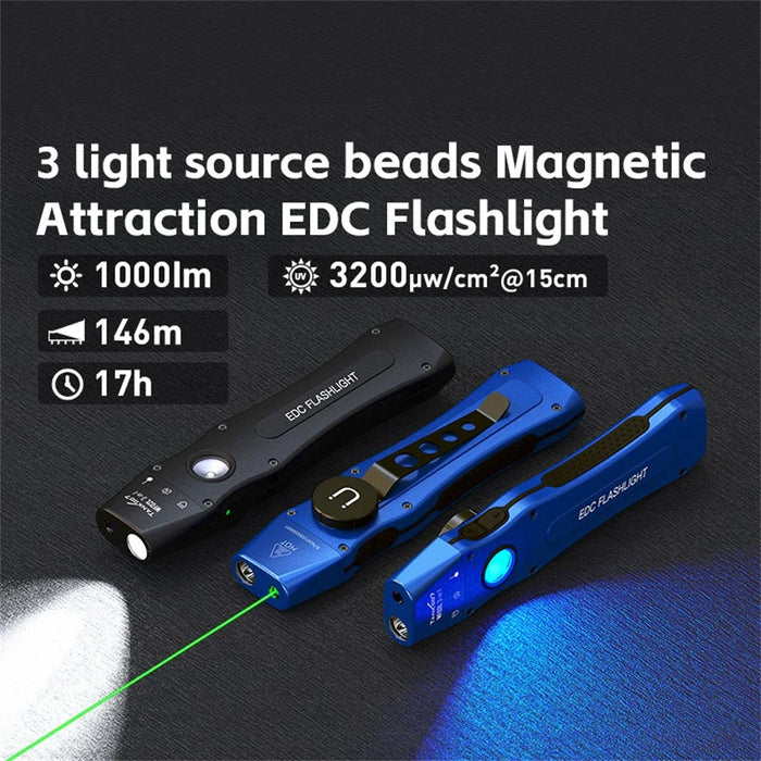 TANK007 WF02L Multifunction EDC Flashlight IP64 Waterproof White Light UV Green Laser Flat Torch with Back Clip - Blue - 3
