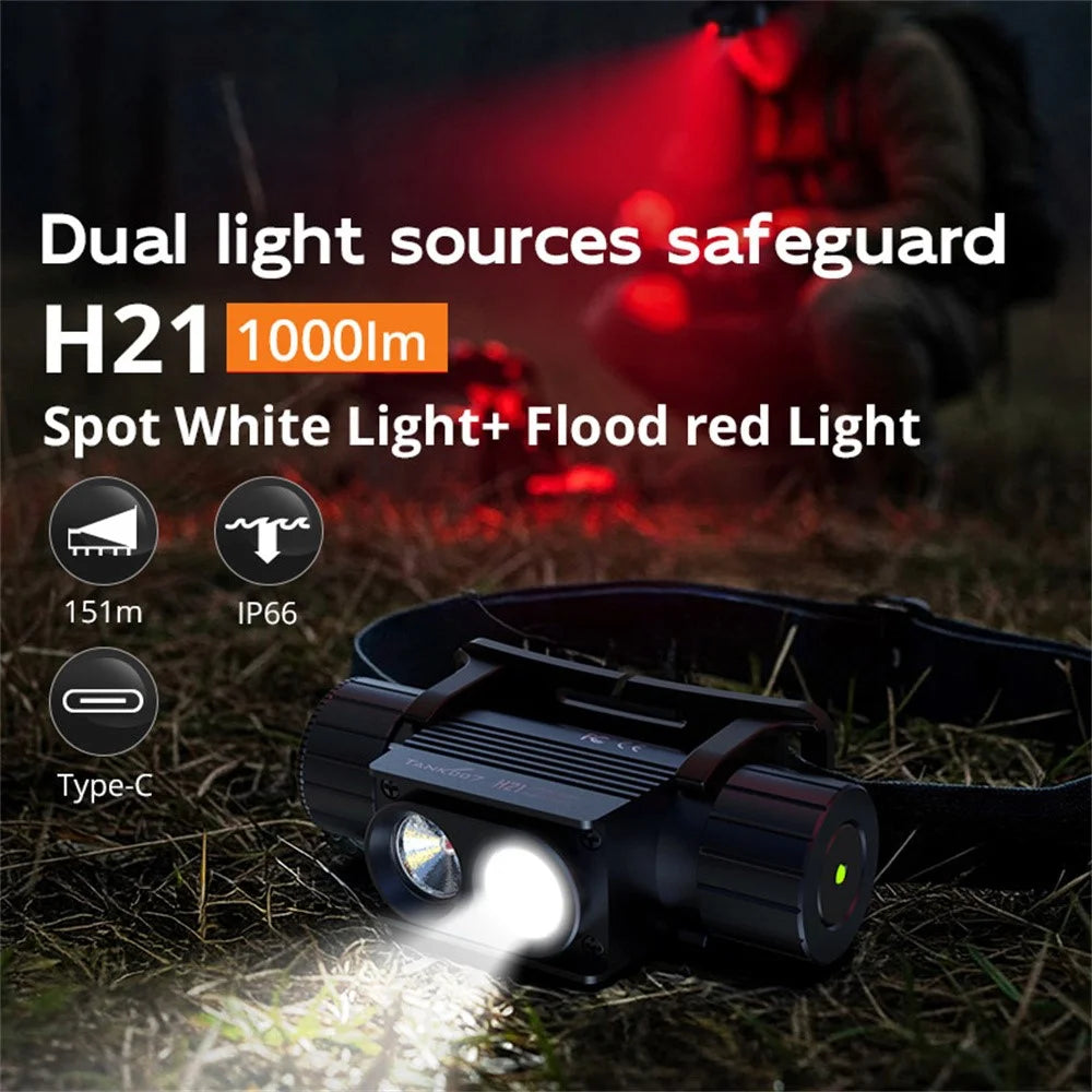 TANK007 H21 Spotlight  /  Floodlight Dual Light Source Headlamp 1000 Lumens Aluminum Alloy Head Torch - White+Red - 3