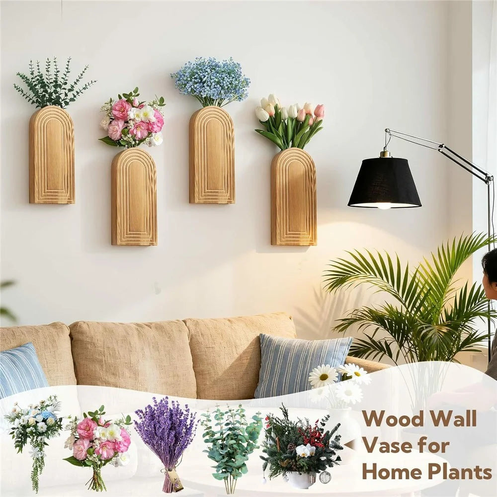 30x14x4cm Wood Wall Mounted Dried Flower Vase Rack Hanging Plant Holder for Home Decor - 2