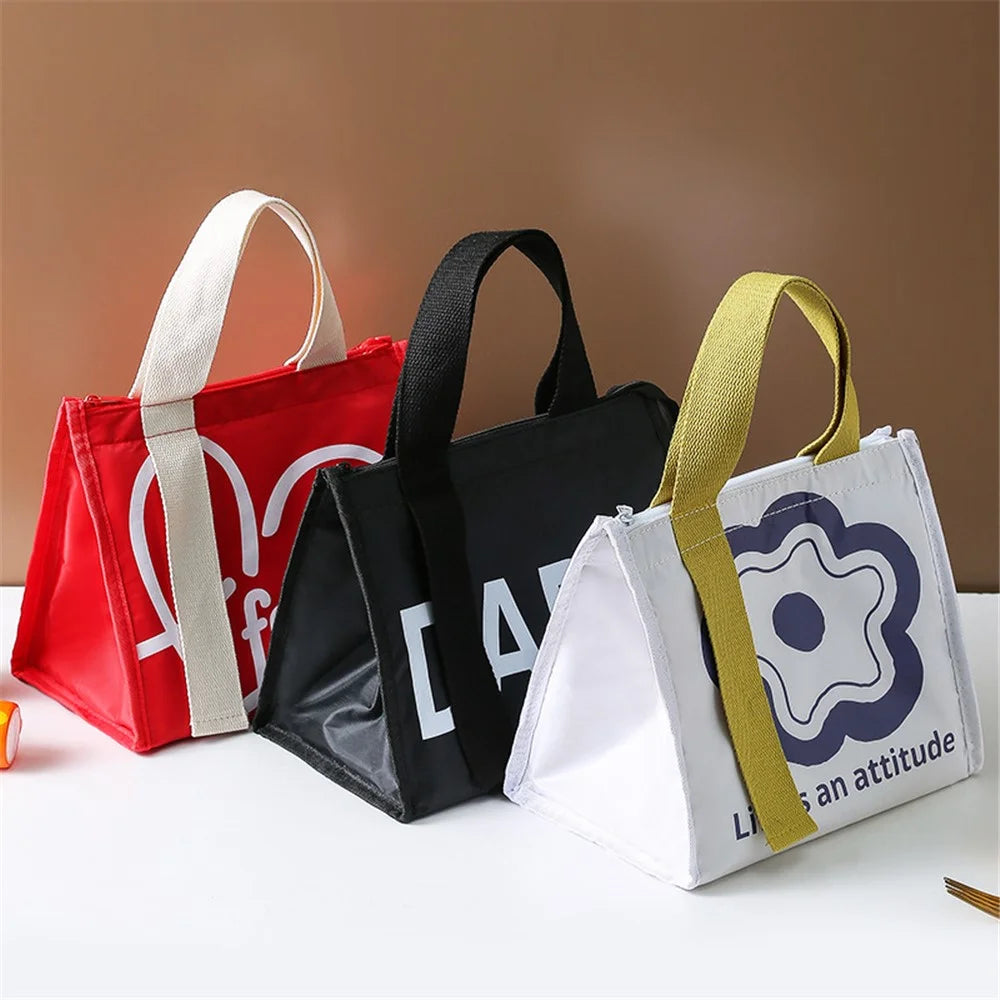 Stylish Oxford Cloth Insulated Lunch Bag Bento Tote Bag for Picnic Office School - Black/Letters - 3