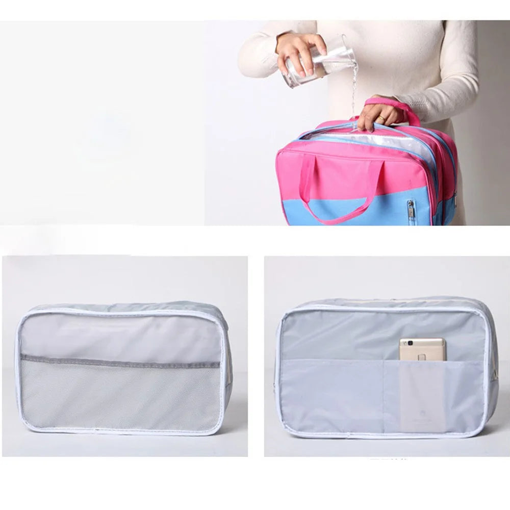 Portable Waterproof Nylon Travel Handbag Clothes Shoes Storage Sports Swimming Beach Bag - Rose Red/Blue - 2