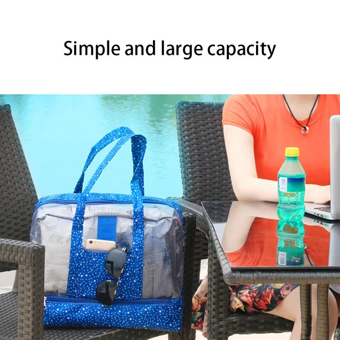 Wet Dry Separation Large Capacity Waterproof Oxford Fabric Beach Swimming Storage Bag Travel Organizer - Dark Blue Stars - 2