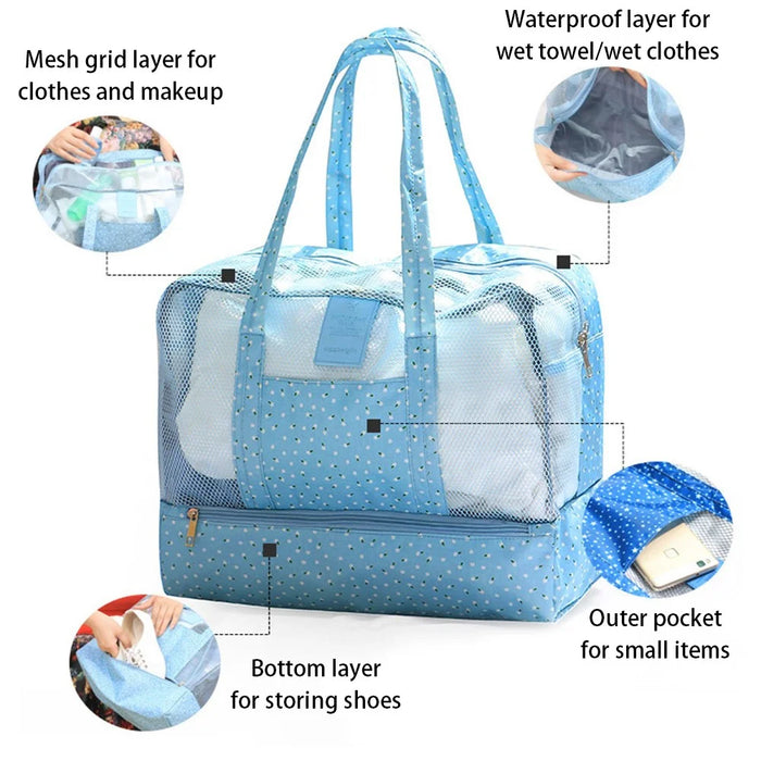 Wet Dry Separation Large Capacity Waterproof Oxford Fabric Beach Swimming Storage Bag Travel Organizer - Dark Blue Stars - 3