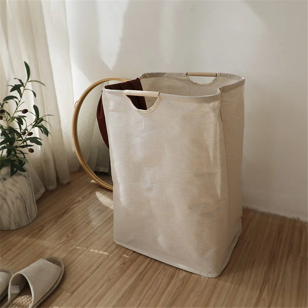 Collapsible Laundry Basket with Wooden Handles Cotton Linen Storage Basket for Clothes Blanket Kids Toy, Size L - 7
