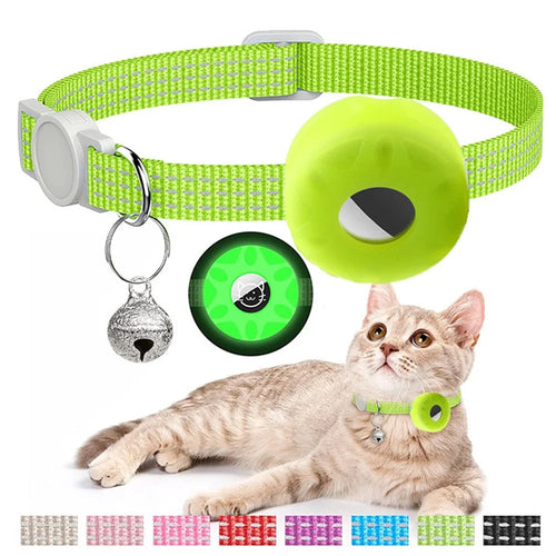 Compatible with AirTag Silicone Case Reflective Pet Collar Bluetooth-compatible Tracker Protective Cover with Bell - Luminous Green - 1