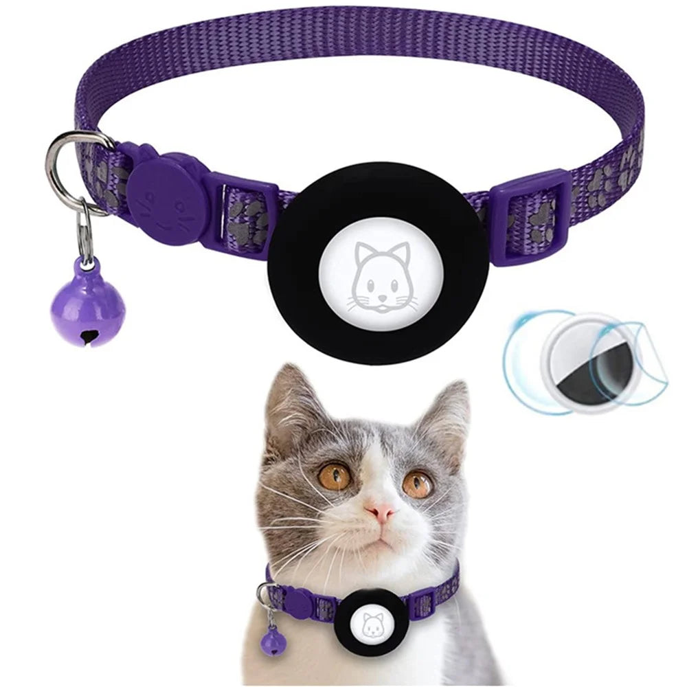 For AirTag Silicone Case Paw Pattern Reflective Pet Collar GPS Tracker Protective Cover with Bell, with Front Back Film Set - Purple - 1