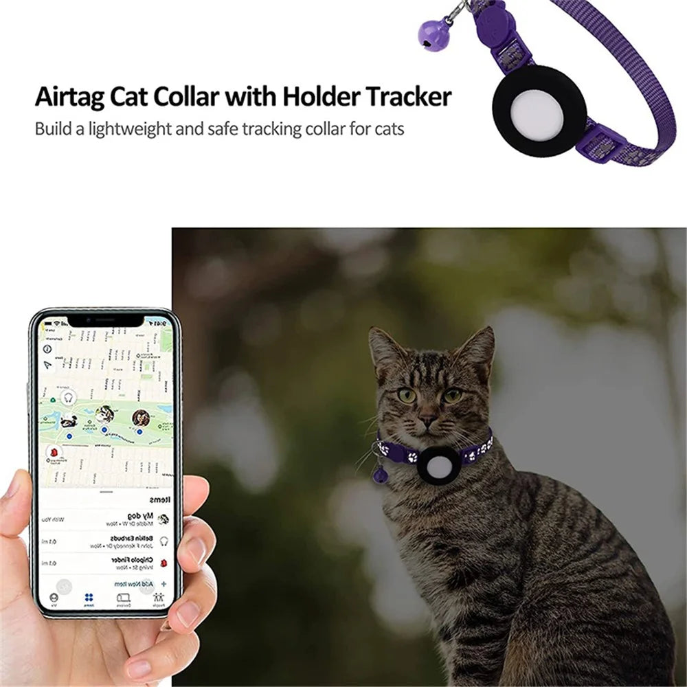 For AirTag Silicone Case Paw Pattern Reflective Pet Collar GPS Tracker Protective Cover with Bell, with Front Back Film Set - Purple - 2