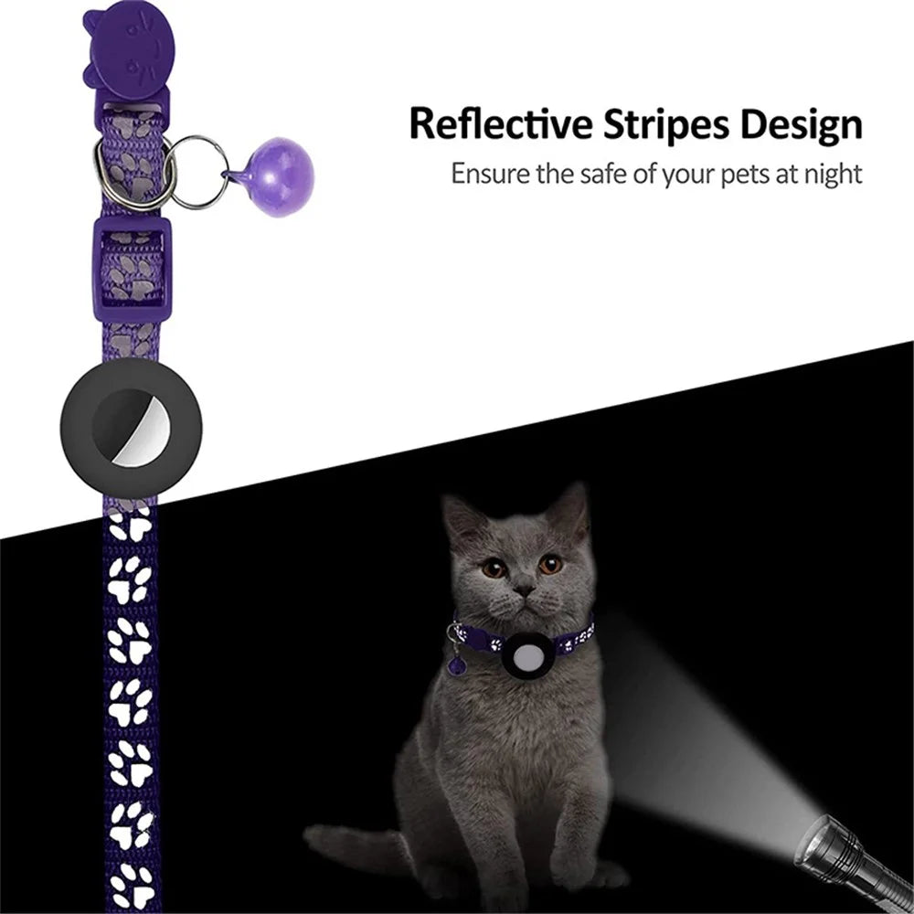 For AirTag Silicone Case Paw Pattern Reflective Pet Collar GPS Tracker Protective Cover with Bell, with Front Back Film Set - Purple - 3