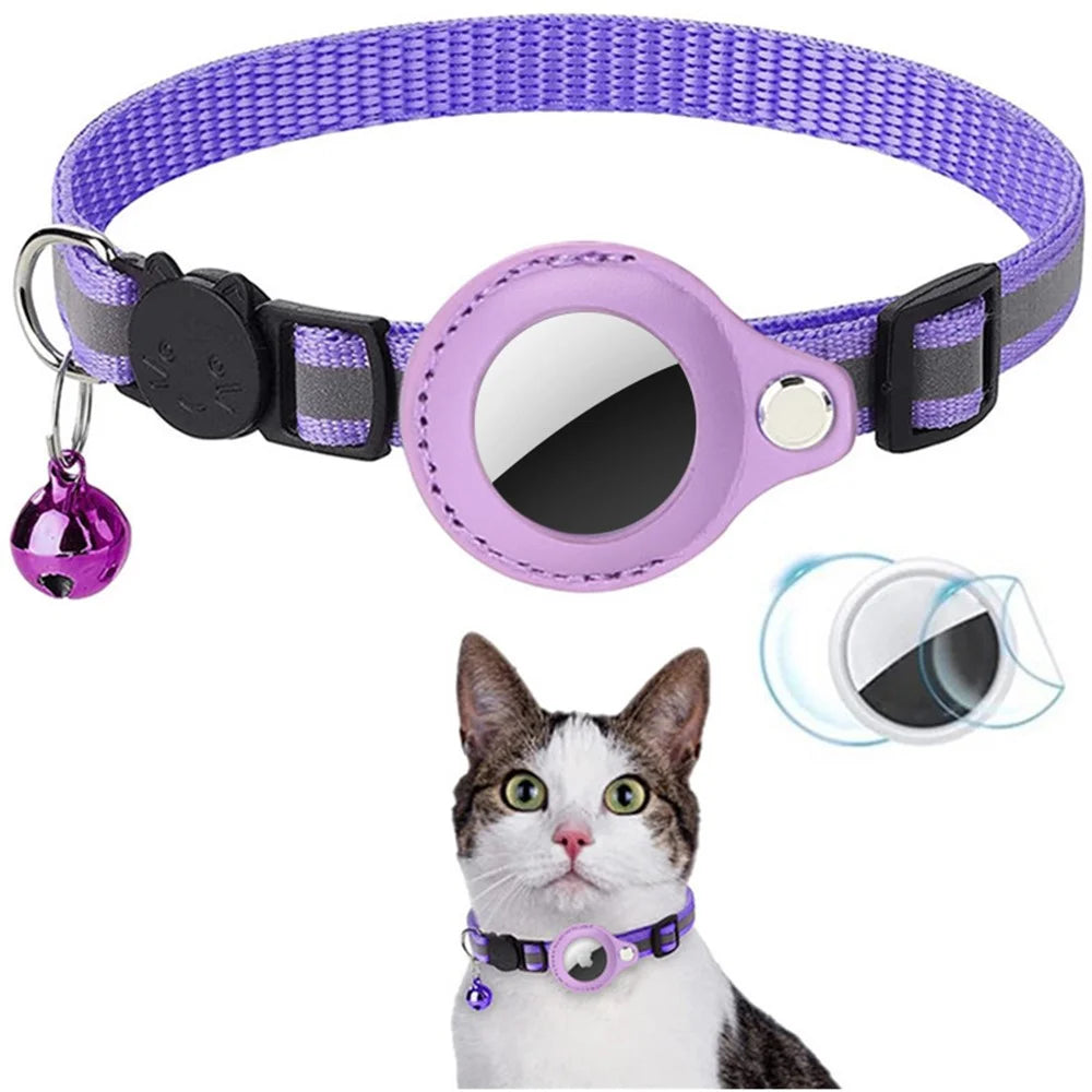 For AirTag PU Leather Case Reflective Pet Collar GPS Tracker Protective Cover with Bell - Purple - 1