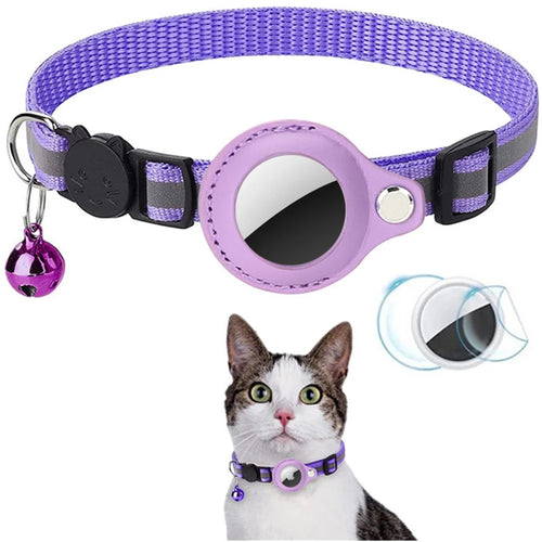 For AirTag PU Leather Case Reflective Pet Collar GPS Tracker Protective Cover with Bell - Purple - 1