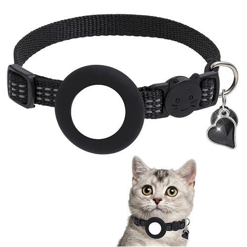 For AirTag Pet Collar GPS Tracker Silicone Protective Cover with Bell and Heart Shape Pendant - Black - 1