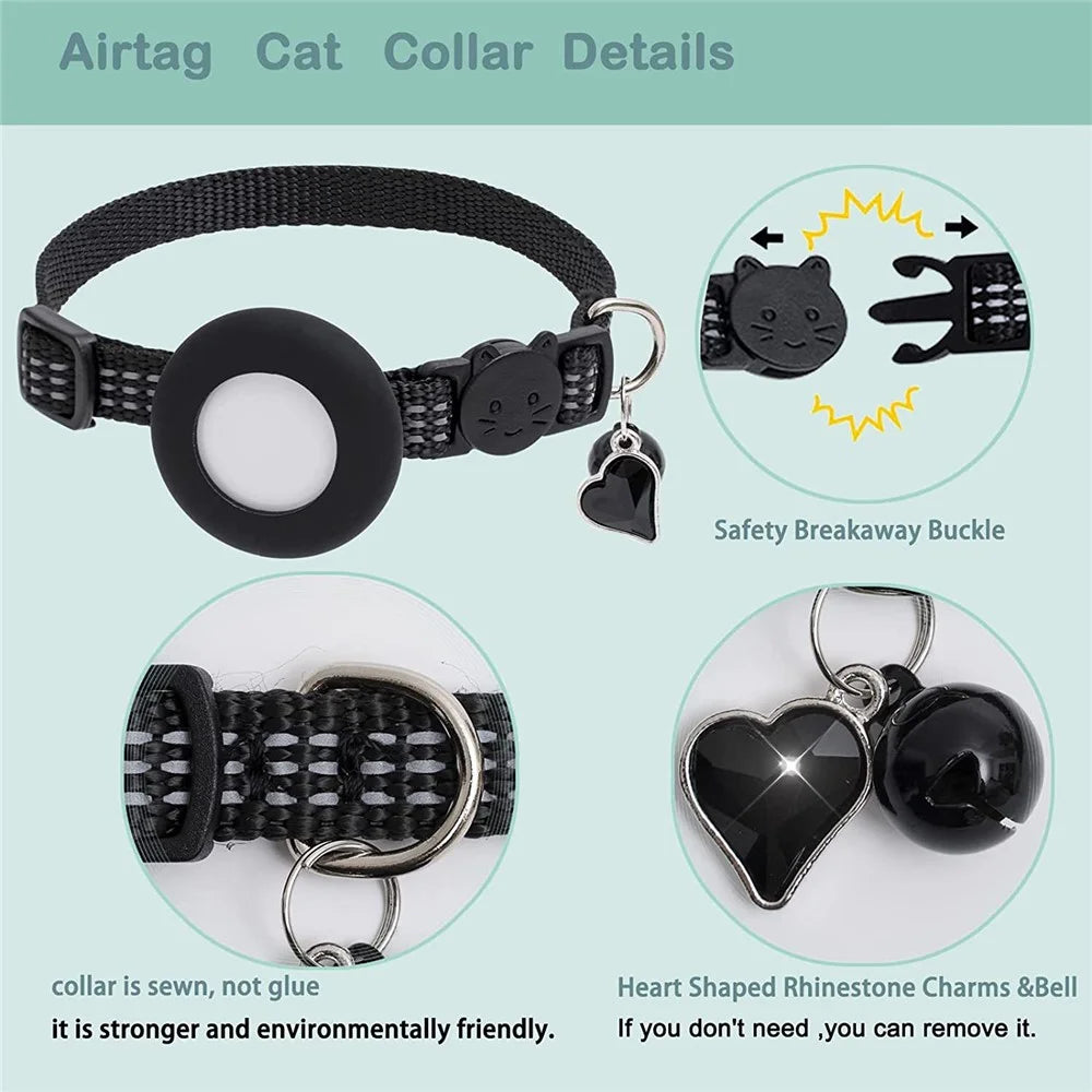 For AirTag Pet Collar GPS Tracker Silicone Protective Cover with Bell and Heart Shape Pendant - Black - 3