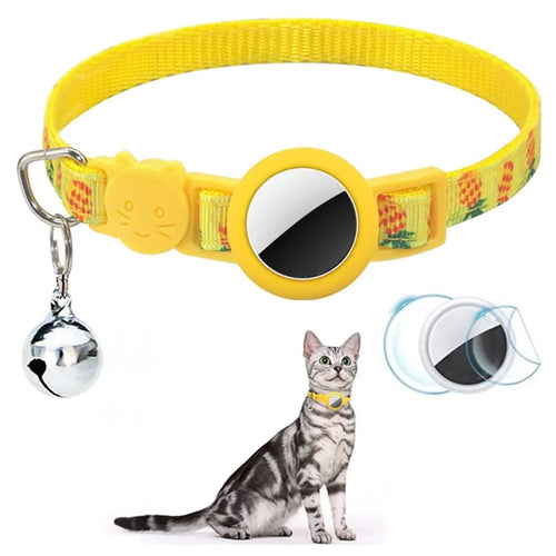 Silicone Case for AirTag Locator Fruit Pattern GPS Tracker Adjustable Pet Collar with Bell, with Front Back Film Set - Yellow - 1