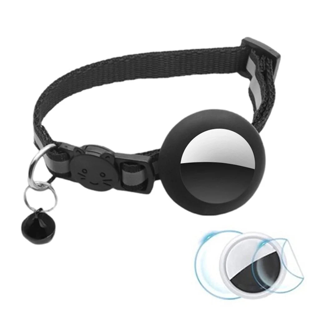 Anti-Scratch Silicone Case for AirTag Reflective Pet Collar GPS Tracker Cover with Bell, with Front Back Film Set - Black - 1