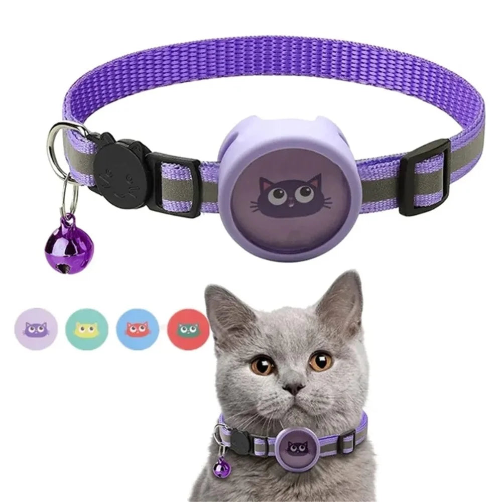 Silicone Case for AirTag Reflective Pet Collar GPS Tracker Cover with Bell Pendant and Sticker - Purple - 2