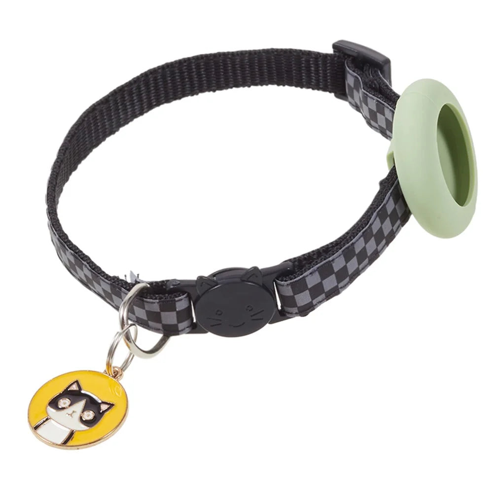 Soft Nylon Dog Collar for AirTag Reflective Adjustable Pet Collar with Silicone Case and Pendant - Avocado Green - 1