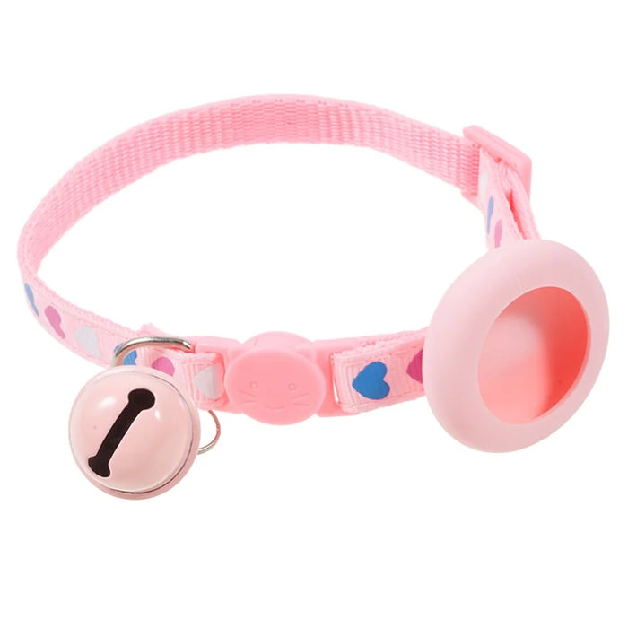 For AirTag Tracker Cat Collar Adjustable Pet Collar Silicone Waterproof Case with Bell - Pink - 1