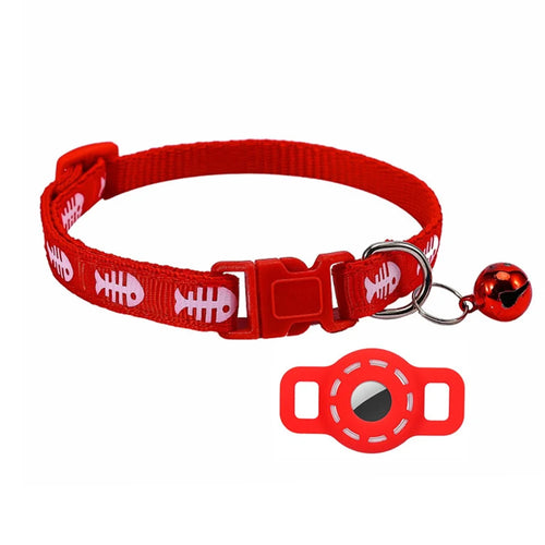 Fishbone Pattern Adjustable Pet Collar Silicone Case for AirTag GPS Cats Dogs Collar with Bell - Red - 1