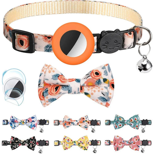 Adjustable Pet Collar with Silicone Case+Film for AirTag GPS Cats Dogs Collar with Bell, Bow - Orange - 1