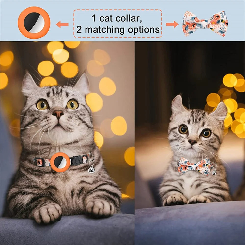 Adjustable Pet Collar with Silicone Case+Film for AirTag GPS Cats Dogs Collar with Bell, Bow - Orange - 2