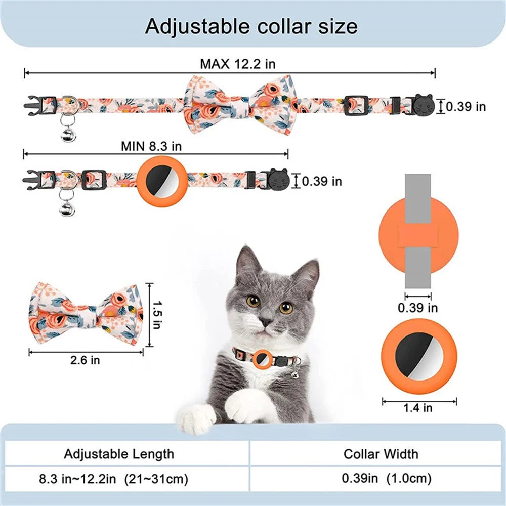 Adjustable Pet Collar with Silicone Case+Film for AirTag GPS Cats Dogs Collar with Bell, Bow - Orange - 5