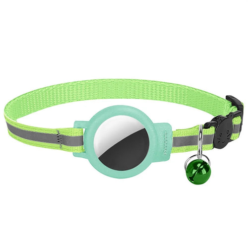 Silicone Case for AirTag Reflective Nylon Pet Collar GPS Tracker Cover with Bell Pendant - Fluorescent Green+Green - 1
