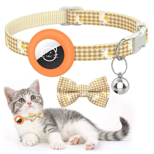 For AirTag Anti-lost Tracker Silicone Case Grid Daisy Pattern Pet Safety Collar with Bow - Orange - 1