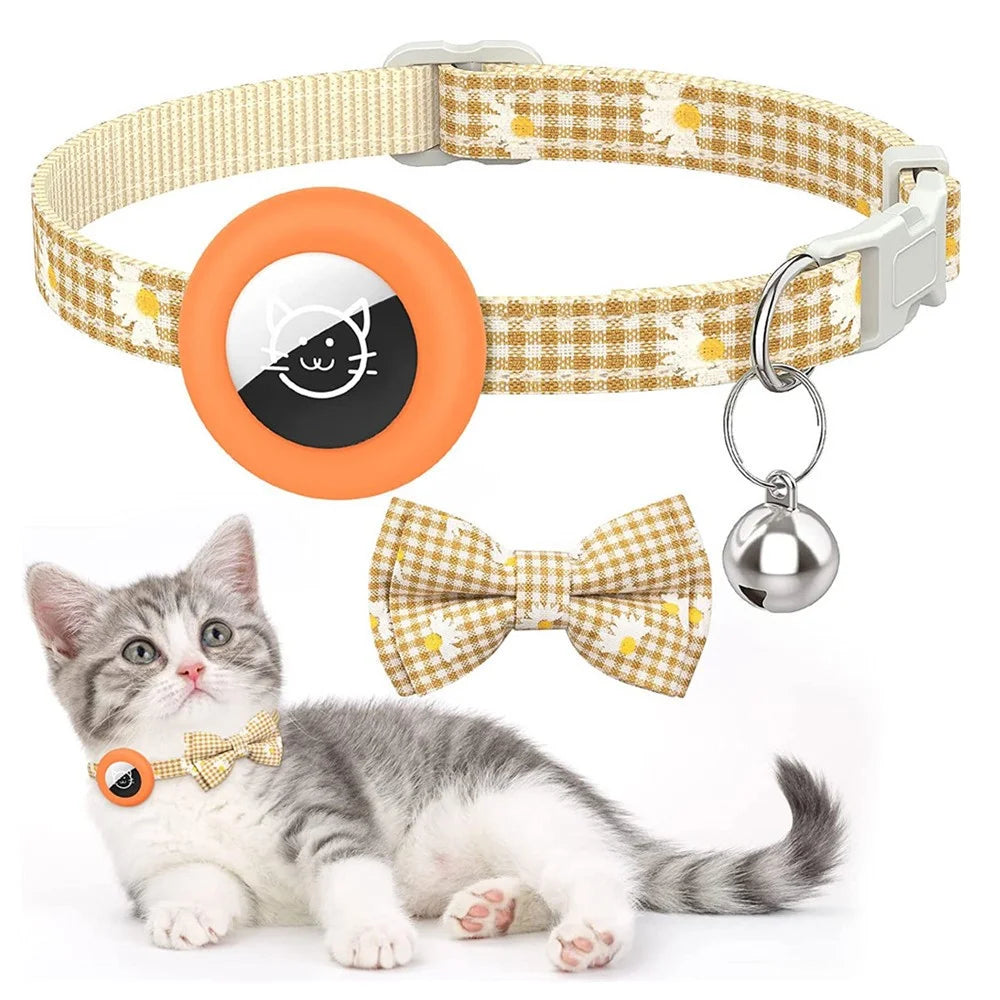 For AirTag Anti-lost Tracker Silicone Case Grid Daisy Pattern Pet Safety Collar with Bow - Orange - 1