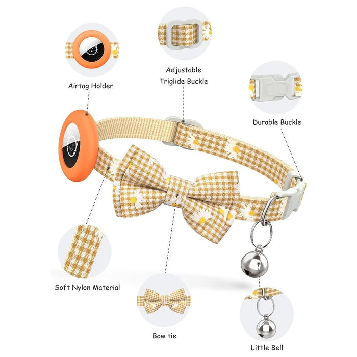 For AirTag Anti-lost Tracker Silicone Case Grid Daisy Pattern Pet Safety Collar with Bow - Orange - 4