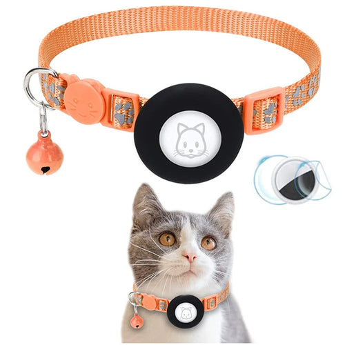 Paw Pattern Reflective Nylon Pet Collar with Silicone Case + Protective Film for AirTag Tracker ST - Orange - 1