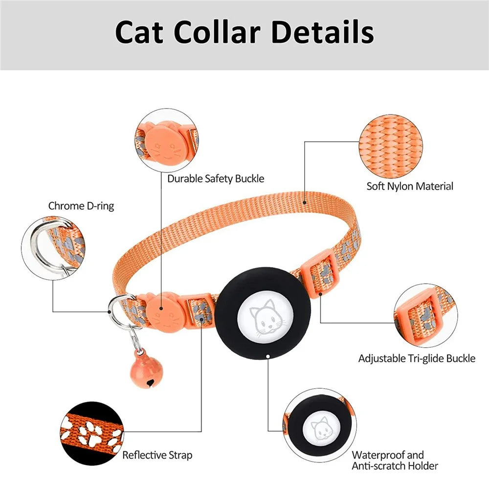 Paw Pattern Reflective Nylon Pet Collar with Silicone Case + Protective Film for AirTag Tracker ST - Orange - 6