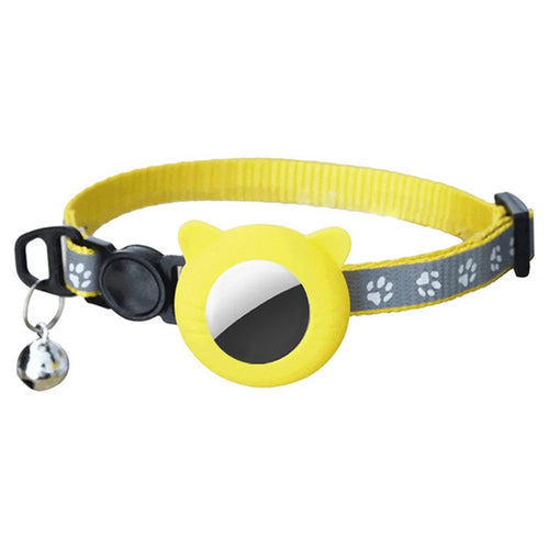 Pet Collar Adjustable Cat Dog Neck Collar with Silicone Protective Cover for Apple AirTag Tracker - Cat Ear Shape / Yellow - 1