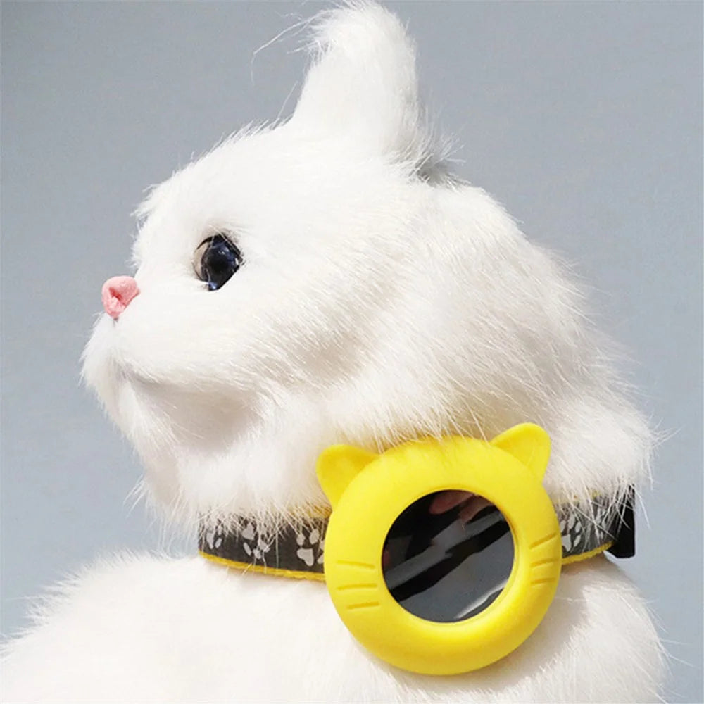 Pet Collar Adjustable Cat Dog Neck Collar with Silicone Protective Cover for Apple AirTag Tracker - Cat Ear Shape / Yellow - 2
