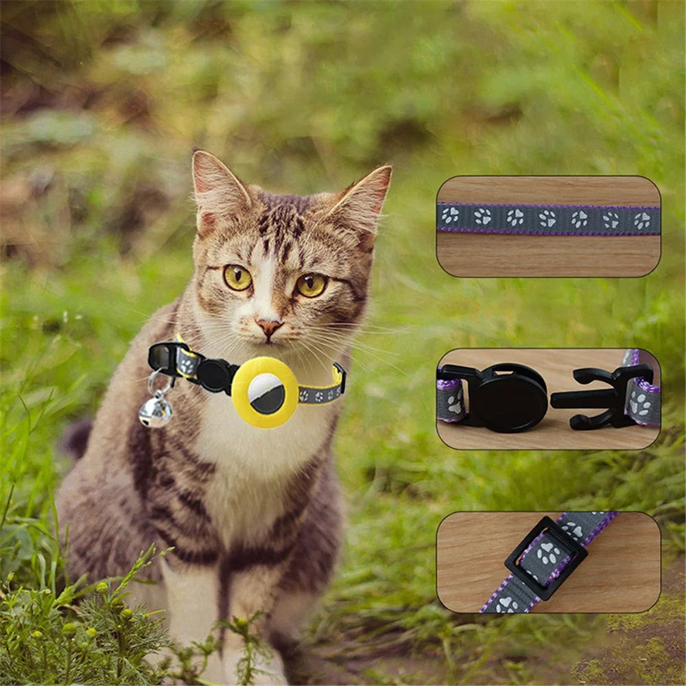 Pet Collar Adjustable Cat Dog Neck Collar with Silicone Protective Cover for Apple AirTag Tracker - Cat Ear Shape / Yellow - 3