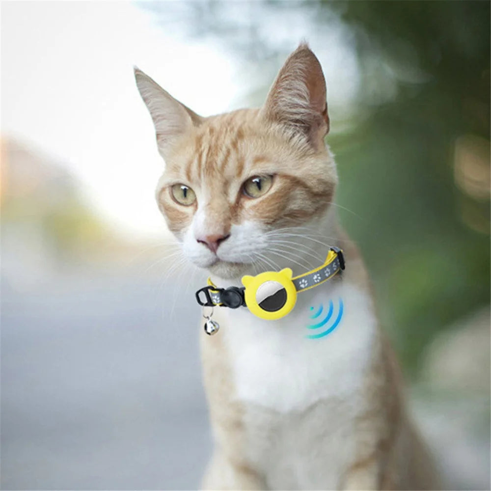 Pet Collar Adjustable Cat Dog Neck Collar with Silicone Protective Cover for Apple AirTag Tracker - Cat Ear Shape / Yellow - 4