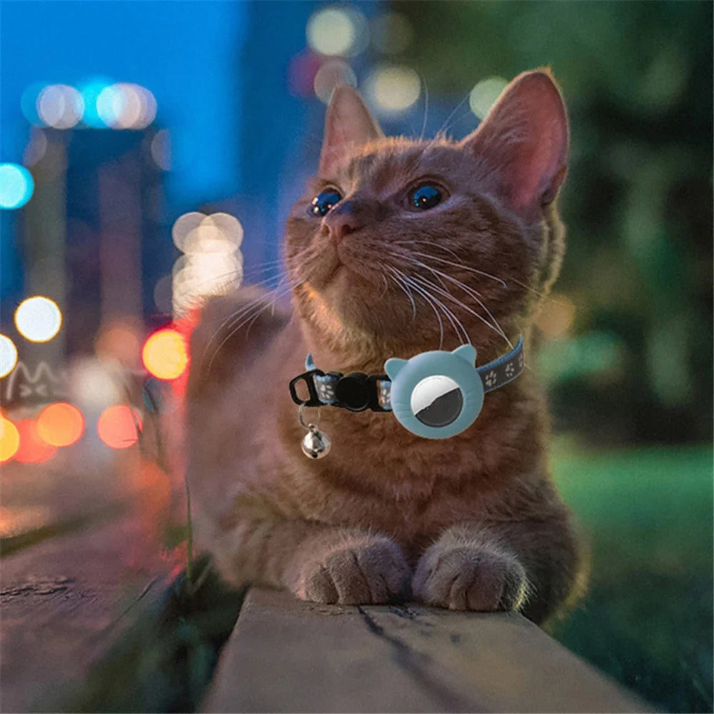 Pet Collar Adjustable Cat Dog Neck Collar with Silicone Protective Cover for Apple AirTag Tracker - Cat Ear Shape / Yellow - 5