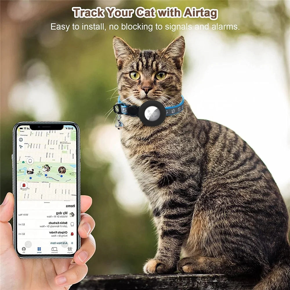 For AirTag Tracker Silicone Protective Cover Paw Print Reflective Pet Collar Strap with Bell - Blue - 4