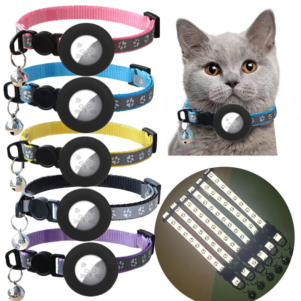 For AirTag Tracker Silicone Protective Cover Paw Print Reflective Pet Collar Strap with Bell - Blue - 5