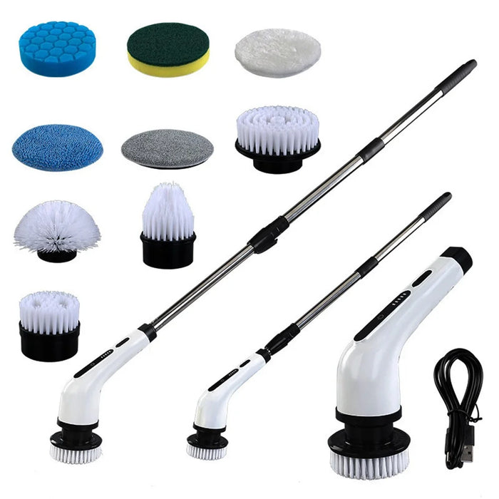 Long Handle Electric Spin Brush Cordless Shower Scrubber with 9 Replacement Heads - White - 1