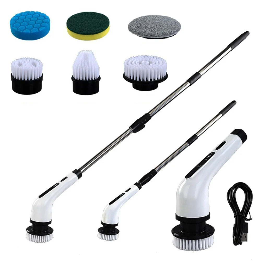 Long Handle Electric Spin Brush Cordless Shower Scrubber with 6 Replacement Heads - White - 1