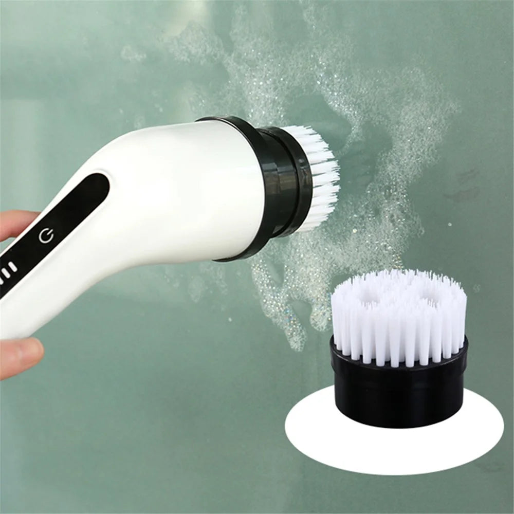 Long Handle Electric Spin Brush Cordless Shower Scrubber with 6 Replacement Heads - White - 6