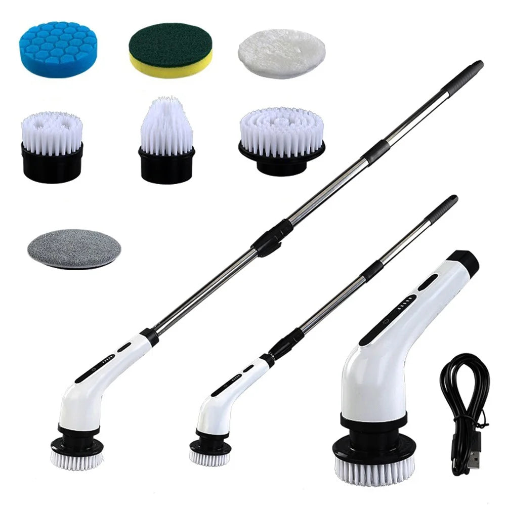 Long Handle Electric Spin Brush Cordless Shower Scrubber with 7 Replacement Heads - White - 1