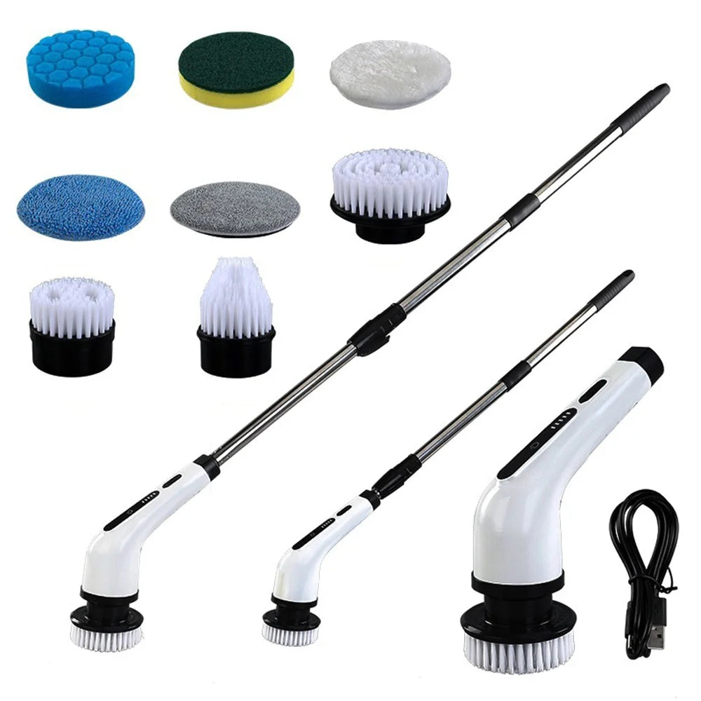 Long Handle Electric Spin Brush Cordless Shower Scrubber with 8 Replacement Heads - White - 1