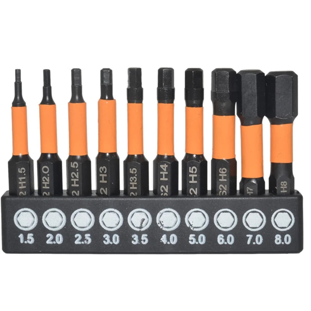 10Pcs Metric 1.5mm-8mm S2 Alloy Steel Magnetic Hex Screwdriver Bits Set, Length: 50mm - 1