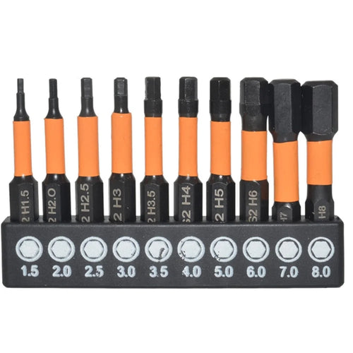 10Pcs Metric 1.5mm-8mm S2 Alloy Steel Magnetic Hex Screwdriver Bits Set, Length: 50mm - 1