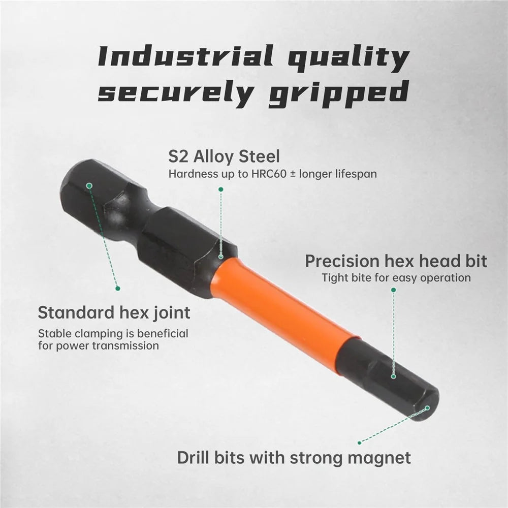 10Pcs Metric 1.5mm-8mm S2 Alloy Steel Magnetic Hex Screwdriver Bits Set, Length: 50mm - 2