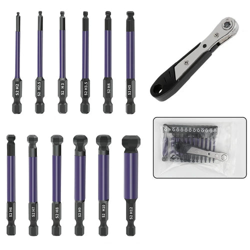 13Pcs / Set 1 / 4 Inch Shank S2 Alloy Steel Hexagonal Ball End Screwdriver Bits with Mini Ratchet Wrench - 1