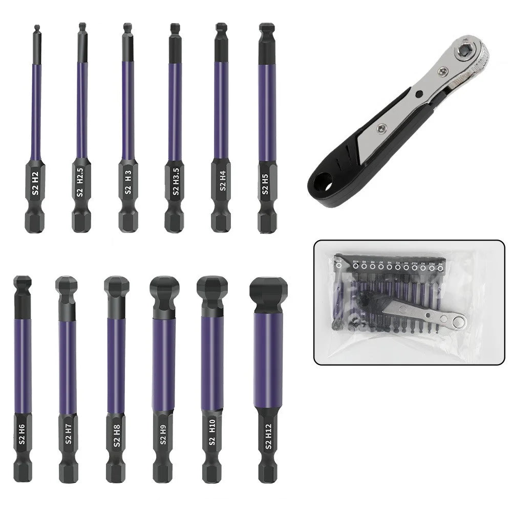 13Pcs / Set 1 / 4 Inch Shank S2 Alloy Steel Hexagonal Ball End Screwdriver Bits with Mini Ratchet Wrench - 1
