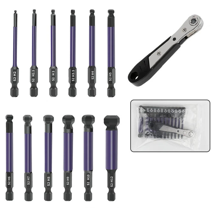 13Pcs / Set 1 / 4 Inch Shank S2 Alloy Steel Hexagonal Ball End Screwdriver Bits with Mini Ratchet Wrench - 1